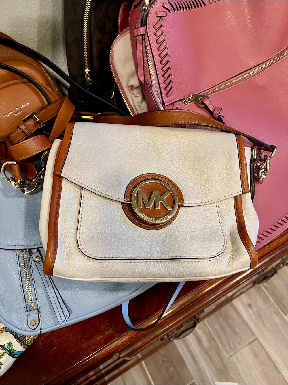 Michael Kors Cream Leather Crossbody with Brown Trim